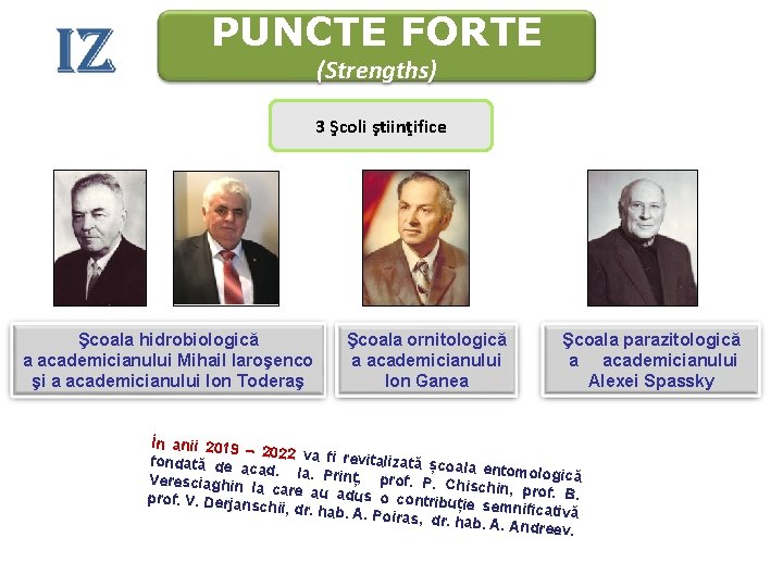 PUNCTE FORTE (Strengths) 3 Şcoli ştiinţifice Şcoala hidrobiologică a academicianului Mihail Iaroşenco şi a PUNCTE FORTE (Strengths) 3 Şcoli ştiinţifice Şcoala hidrobiologică a academicianului Mihail Iaroşenco şi a