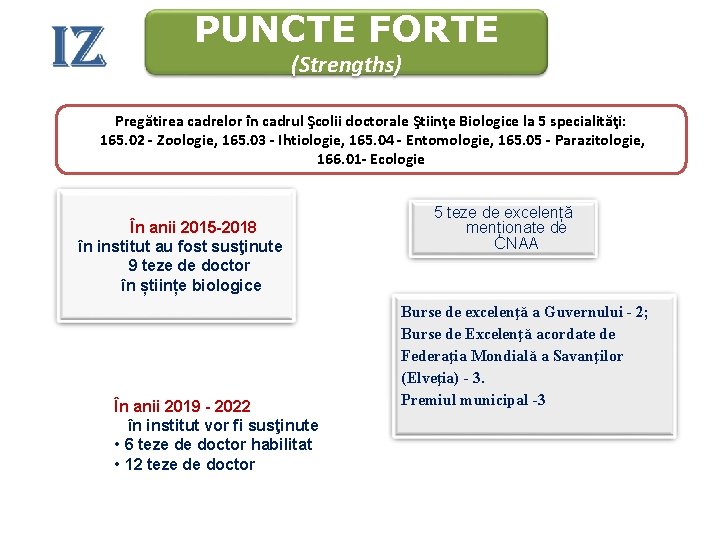 PUNCTE FORTE (Strengths) Pregătirea cadrelor în cadrul Şcolii doctorale Ştiinţe Biologice la 5 specialităţi: PUNCTE FORTE (Strengths) Pregătirea cadrelor în cadrul Şcolii doctorale Ştiinţe Biologice la 5 specialităţi: