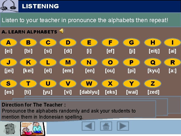 LISTENING Listen to your teacher in pronounce the alphabets then repeat! A. LEARN ALPHABETS