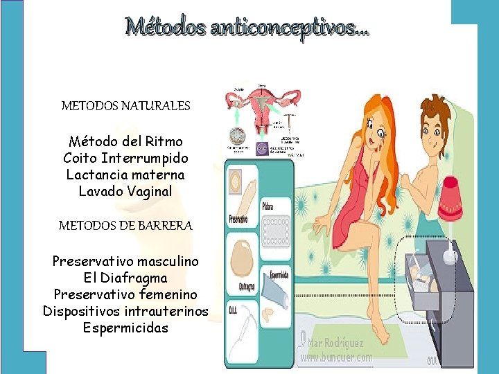 Métodos anticonceptivos… METODOS NATURALES Método del Ritmo Coito Interrumpido Lactancia materna Lavado Vaginal METODOS