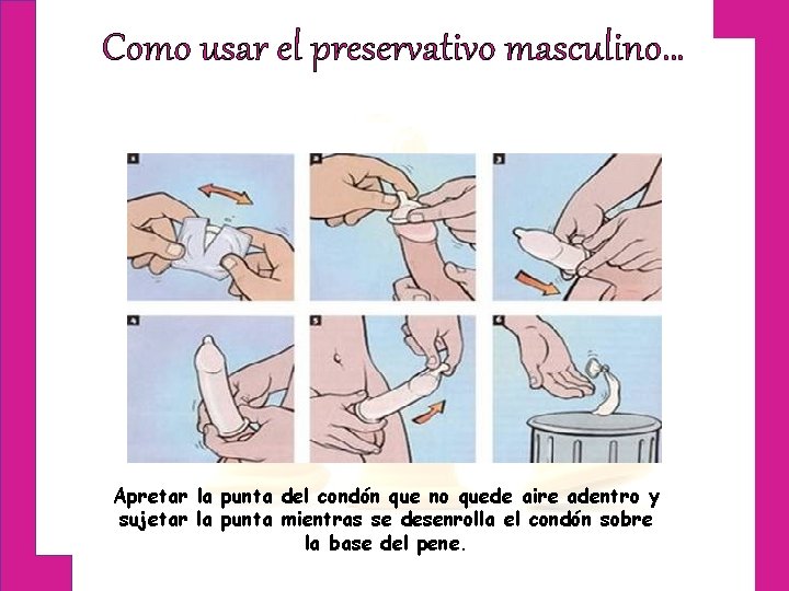 Como usar el preservativo masculino… Apretar la punta del condón que no quede aire