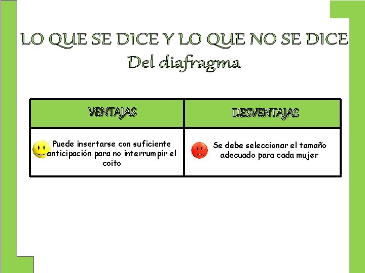 VENTAJAS Puede insertarse con suficiente anticipación para no interrumpir el coito DESVENTAJAS Se debe