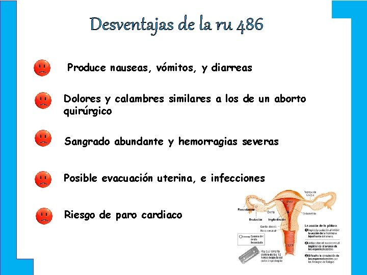 Desventajas de la ru 486 Produce nauseas, vómitos, y diarreas Dolores y calambres similares