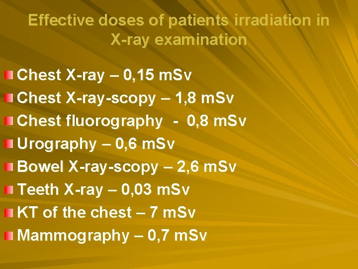 Effective doses of patients irradiation in X-ray examination Chest X-ray – 0, 15 m.
