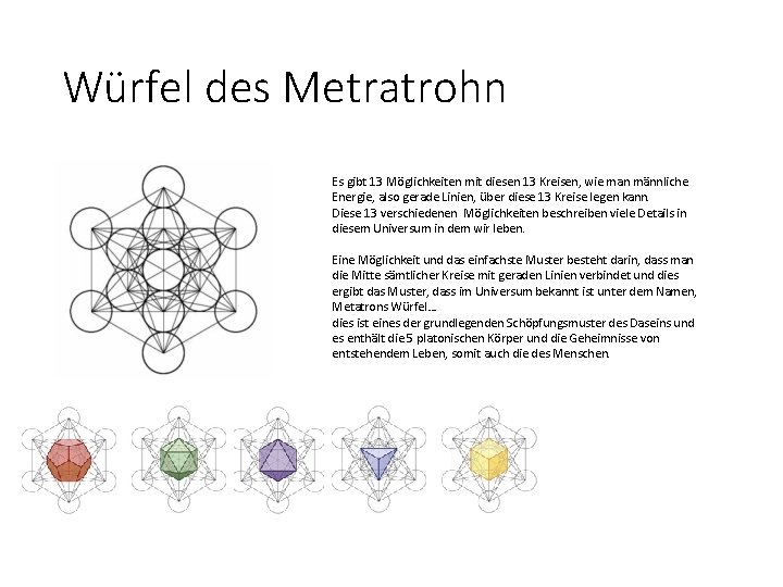 Würfel des Metratrohn Es gibt 13 Möglichkeiten mit diesen 13 Kreisen, wie man männliche