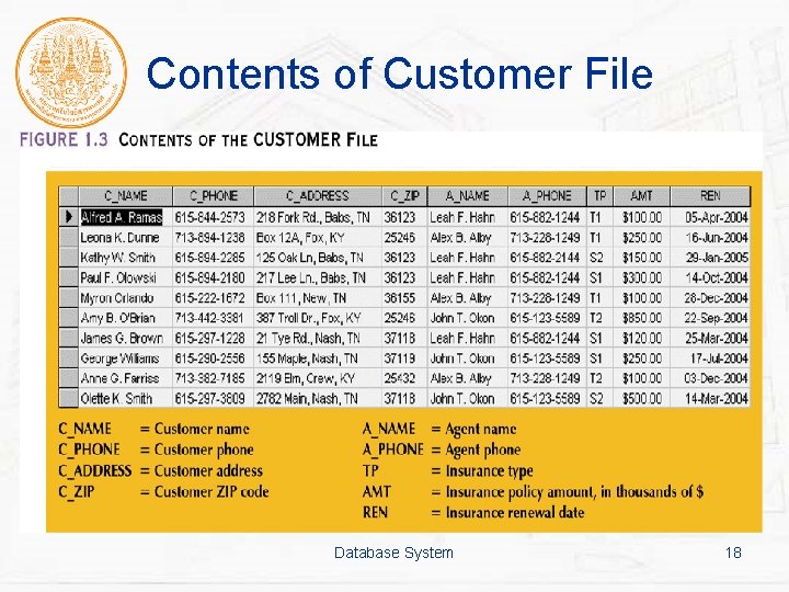 Contents of Customer File Database System 18 