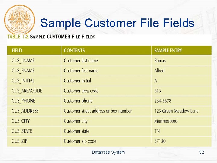 Sample Customer File Fields Database System 32 
