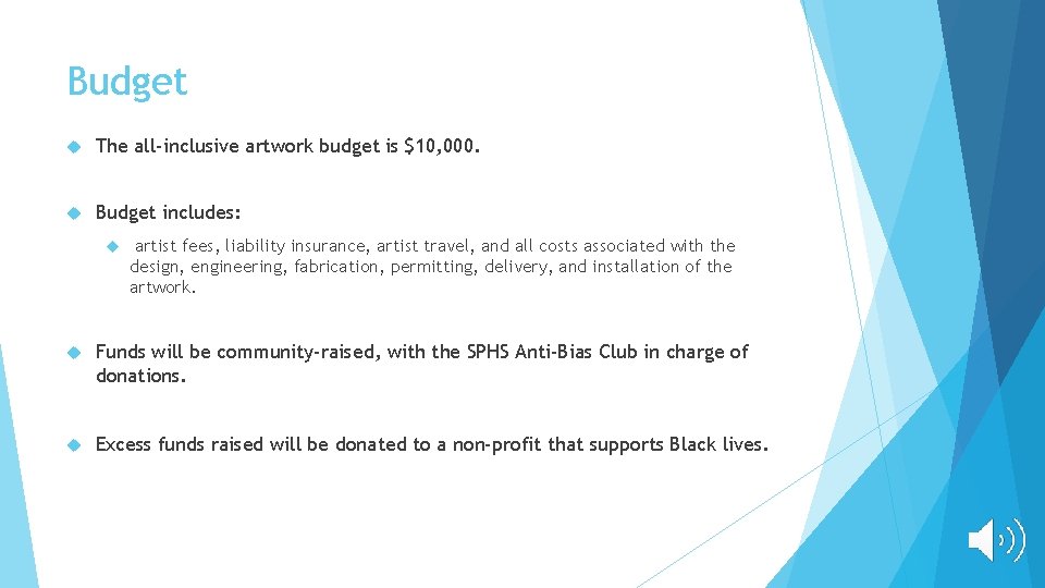 Budget The all-inclusive artwork budget is $10, 000. Budget includes: artist fees, liability insurance,