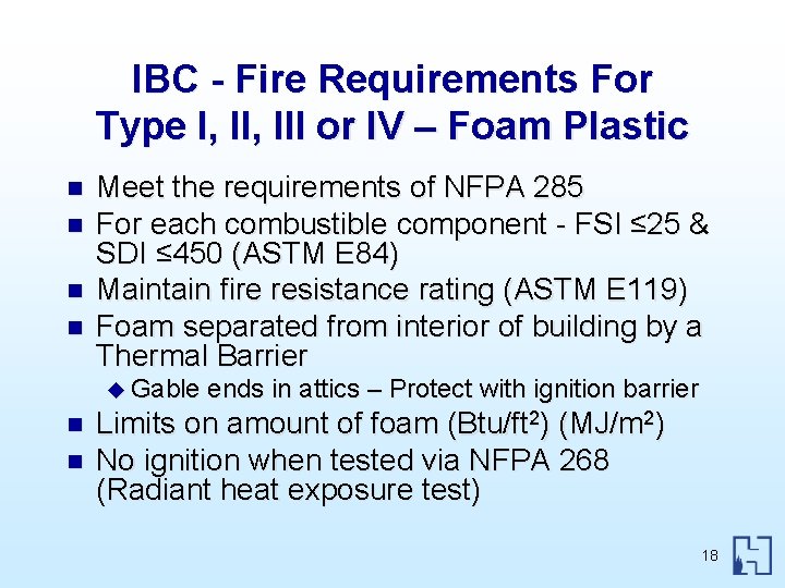 IBC - Fire Requirements For Type I, III or IV – Foam Plastic n