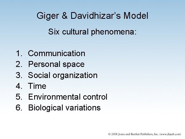 Giger & Davidhizar’s Model Six cultural phenomena: 1. 2. 3. 4. 5. 6. Communication Giger & Davidhizar’s Model Six cultural phenomena: 1. 2. 3. 4. 5. 6. Communication