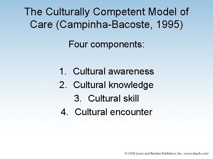 The Culturally Competent Model of Care (Campinha-Bacoste, 1995) Four components: 1. Cultural awareness 2. The Culturally Competent Model of Care (Campinha-Bacoste, 1995) Four components: 1. Cultural awareness 2.