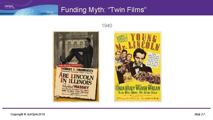 Funding Myth: “Twin Films” 1940 Copyright © Sub. Optic 2016 Slide 27 