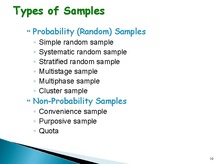 Types of Samples Probability (Random) Samples ◦ ◦ ◦ Simple random sample Systematic random