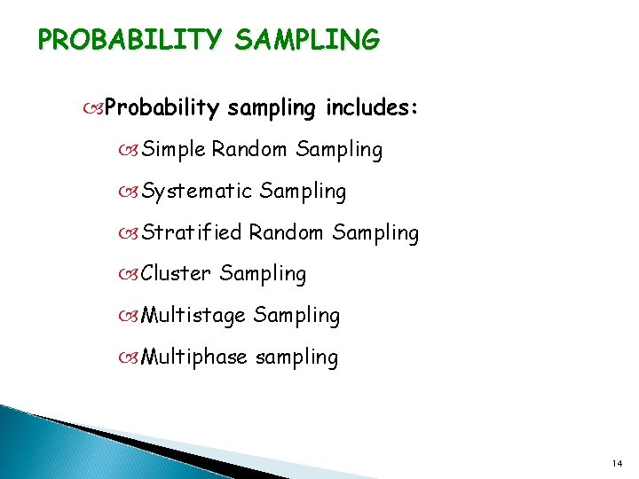 PROBABILITY SAMPLING Probability sampling includes: Simple Random Sampling Systematic Sampling Stratified Random Sampling Cluster