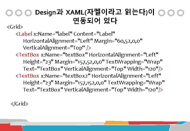 Design과 XAML(자멜이라고 읽는다)이 연동되어 있다 <Grid> <Label x: Name="label" Content="Label" Horizontal. Alignment="Left" Margin="60, 52,