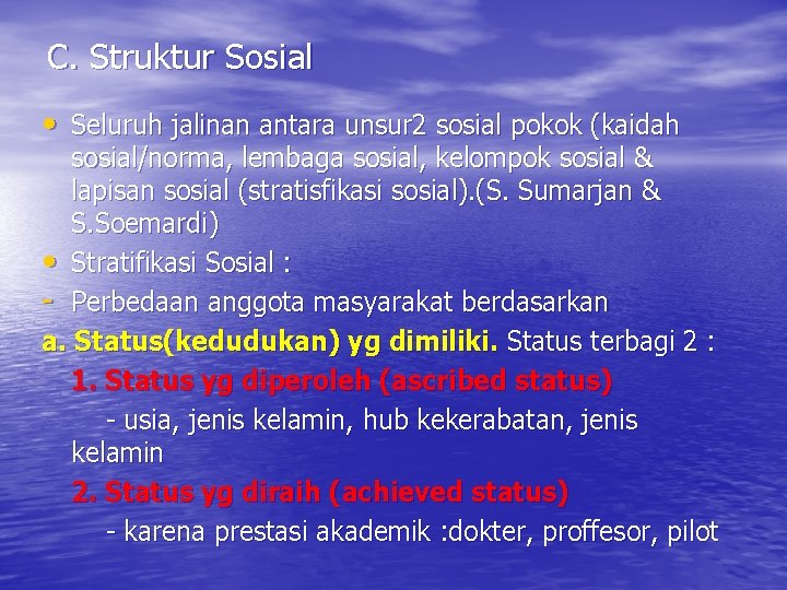 C. Struktur Sosial • Seluruh jalinan antara unsur 2 sosial pokok (kaidah sosial/norma, lembaga