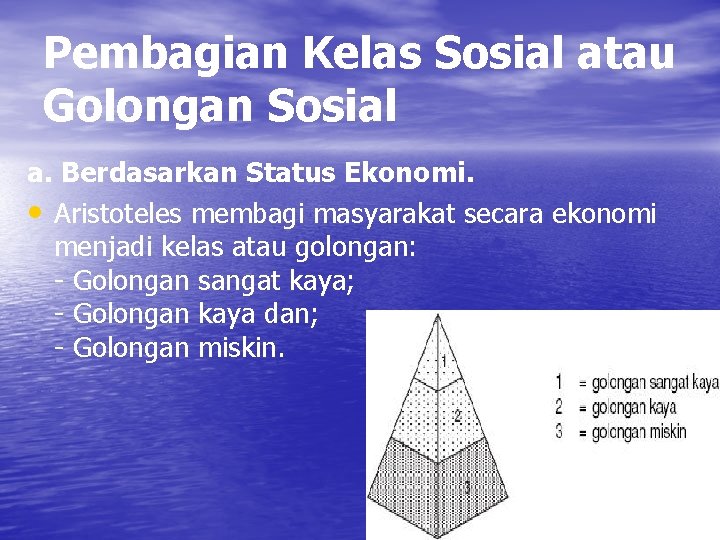 Pembagian Kelas Sosial atau Golongan Sosial a. Berdasarkan Status Ekonomi. • Aristoteles membagi masyarakat