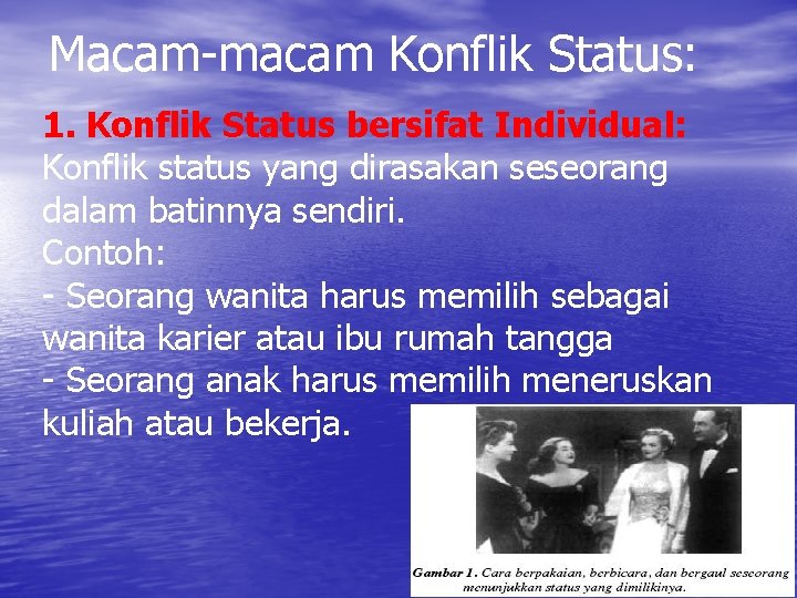 Macam-macam Konflik Status: 1. Konflik Status bersifat Individual: Konflik status yang dirasakan seseorang dalam