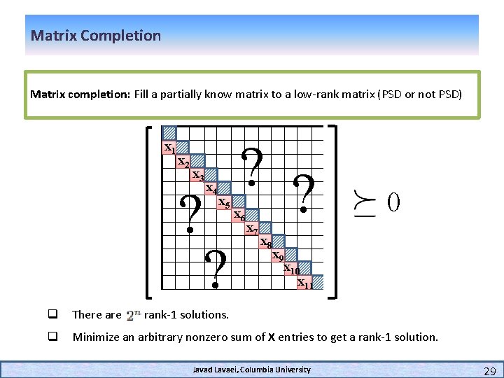 Matrix Completion Matrix completion: Fill a partially know matrix to a low-rank matrix (PSD