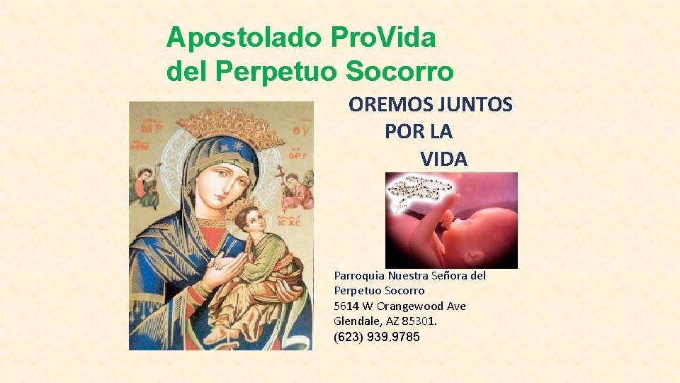 Apostolado Pro. Vida del Perpetuo Socorro OREMOS JUNTOS POR LA VIDA Parroquia Nuestra Señora