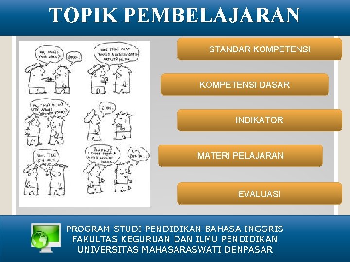TOPIK PEMBELAJARAN STANDAR KOMPETENSI DASAR INDIKATOR MATERI PELAJARAN EVALUASI PROGRAM STUDI PENDIDIKAN BAHASA INGGRIS
