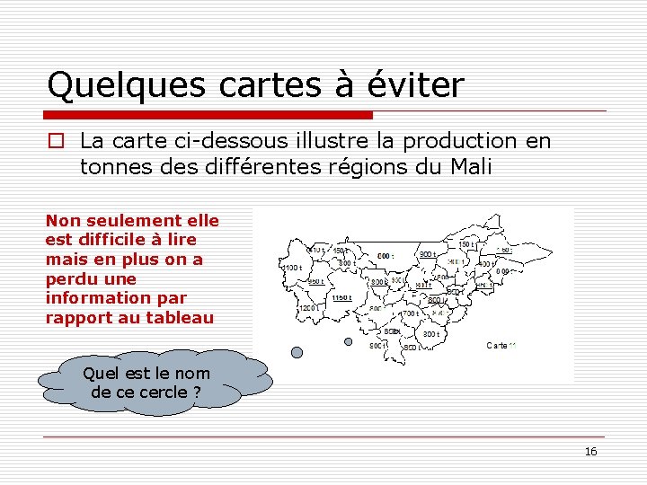 Quelques cartes à éviter o La carte ci-dessous illustre la production en tonnes différentes