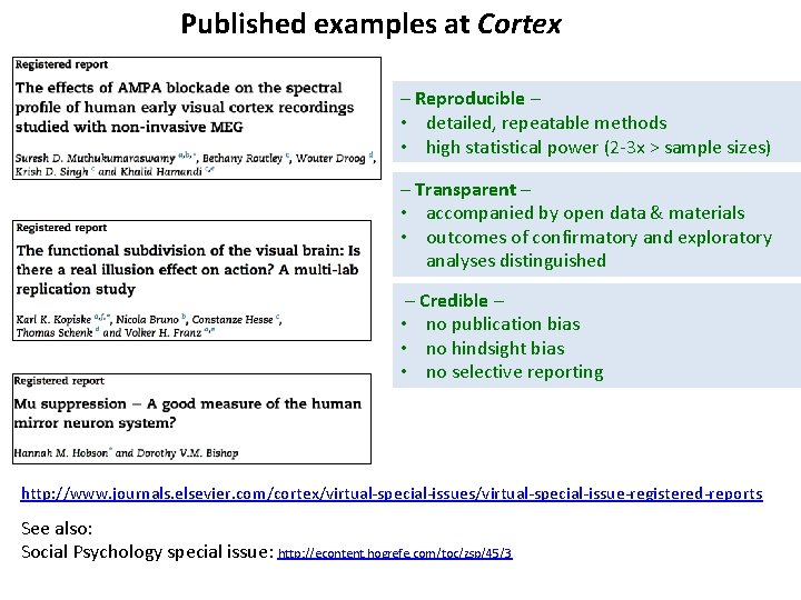 Published examples at Cortex – Reproducible – • detailed, repeatable methods • high statistical