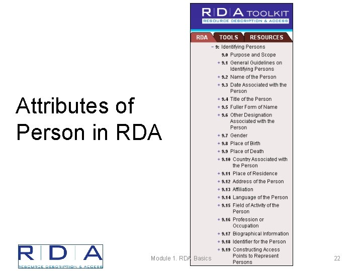 Attributes of Person in RDA Module 1. RDA Basics 22 