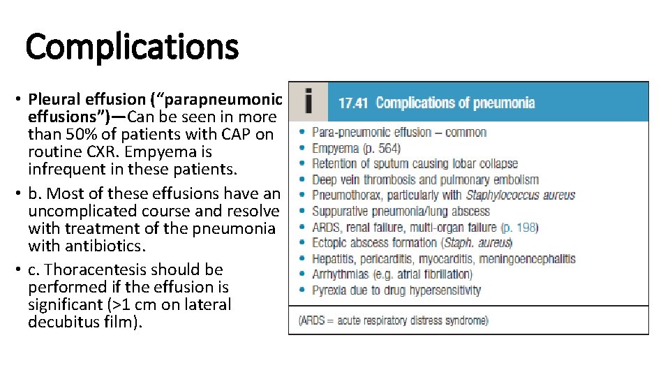 Complications • Pleural effusion (“parapneumonic effusions”)—Can be seen in more than 50% of patients