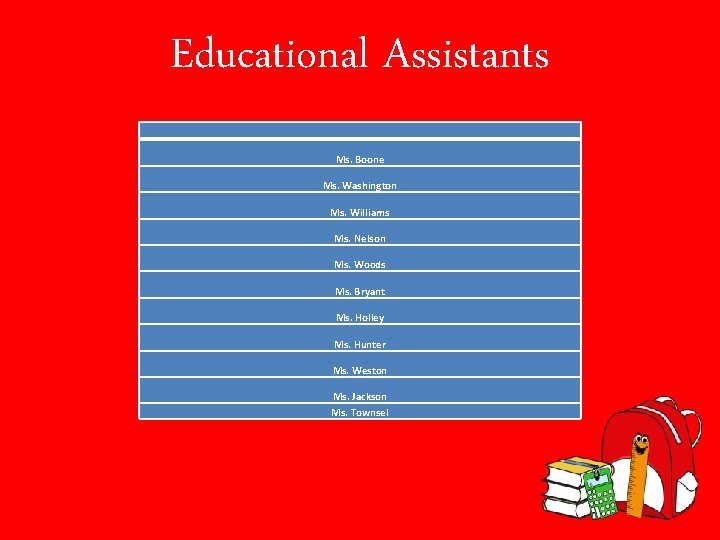 Educational Assistants Ms. Boone Ms. Washington Ms. Williams Ms. Nelson Ms. Woods Ms. Bryant
