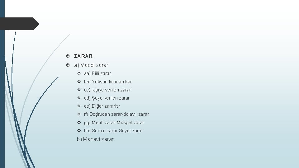  ZARAR a) Maddi zarar aa) Fiili zarar bb) Yoksun kalınan kar cc) Kişiye