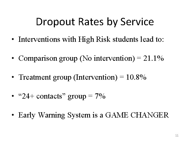 Dropout Rates by Service • Interventions with High Risk students lead to: • Comparison