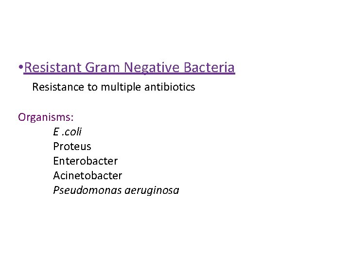  • Resistant Gram Negative Bacteria Resistance to multiple antibiotics Organisms: E. coli Proteus