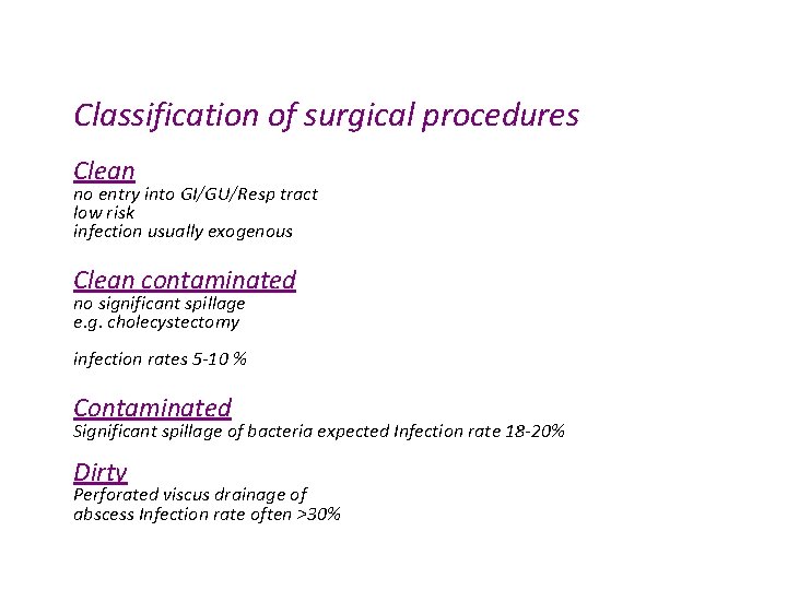 Classification of surgical procedures Clean no entry into GI/GU/Resp tract low risk infection usually