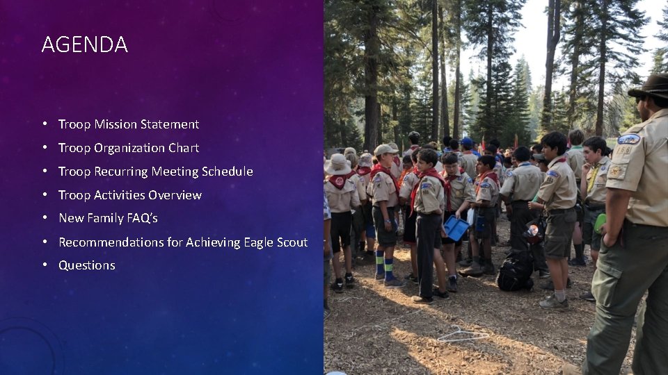 AGENDA • Troop Mission Statement • Troop Organization Chart • Troop Recurring Meeting Schedule