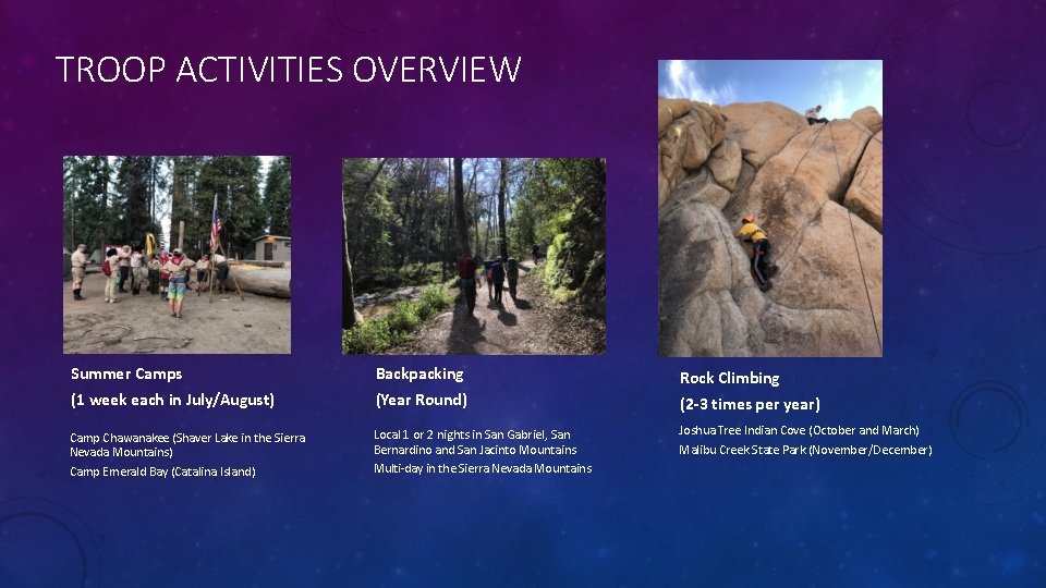 TROOP ACTIVITIES OVERVIEW Summer Camps Backpacking (1 week each in July/August) (Year Round) Camp TROOP ACTIVITIES OVERVIEW Summer Camps Backpacking (1 week each in July/August) (Year Round) Camp