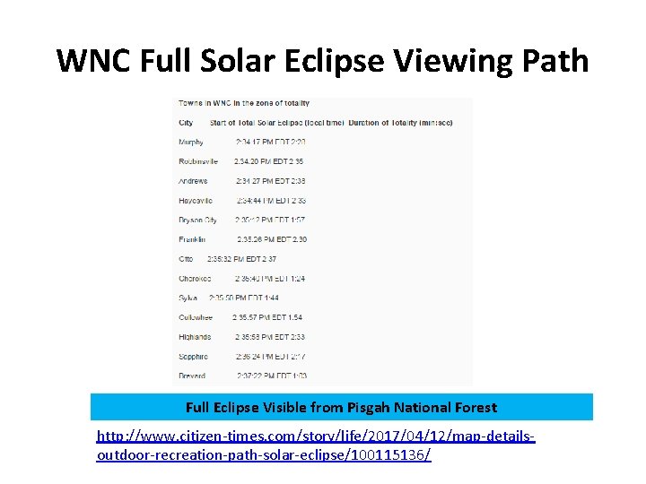 WNC Full Solar Eclipse Viewing Path Full Eclipse Visible from Pisgah National Forest http: