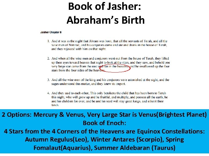 Book of Jasher: Abraham’s Birth 2 Options: Mercury & Venus, Very Large Star is