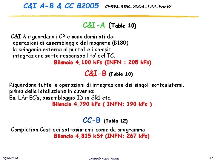 C&I A-B & CC B 2005 CERN-RRB-2004 -122 -Part 2 C&I-A (Table 10) C&I