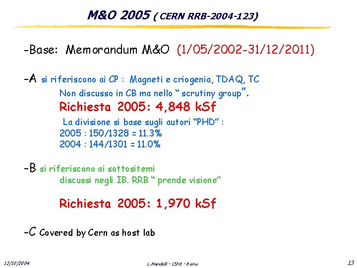 M&O 2005 ( CERN RRB-2004 -123) -Base: Memorandum M&O (1/05/2002 -31/12/2011) -A si riferiscono