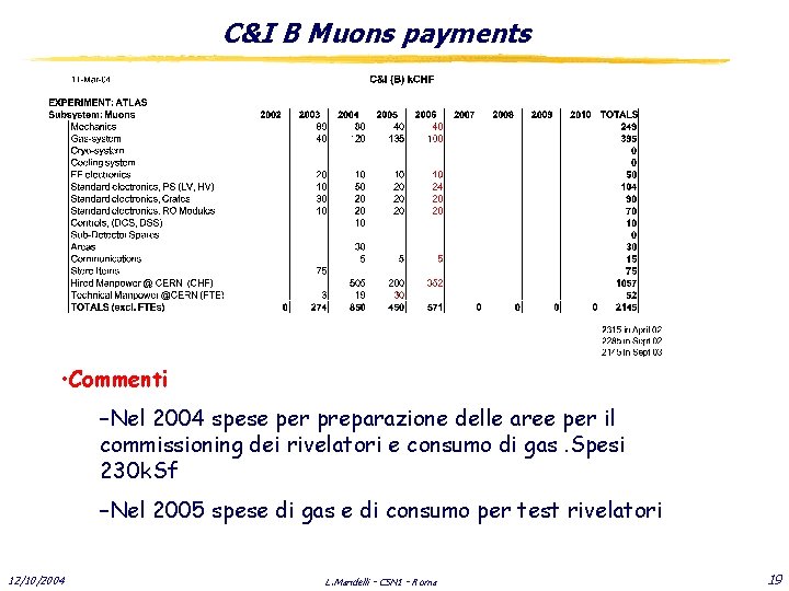 C&I B Muons payments • Commenti –Nel 2004 spese per preparazione delle aree per