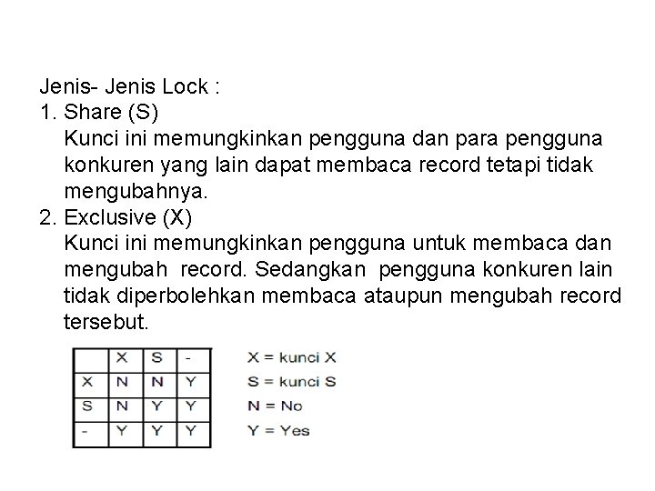 Jenis- Jenis Lock : 1. Share (S) Kunci ini memungkinkan pengguna dan para pengguna
