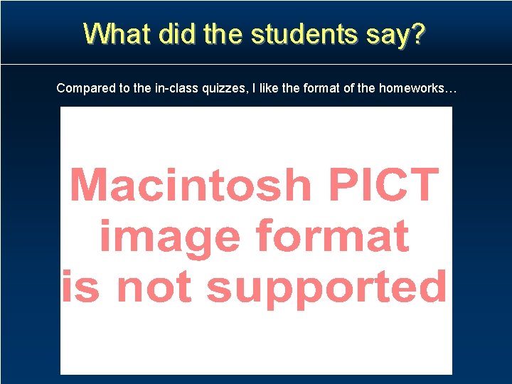 What did the students say? Compared to the in-class quizzes, I like the format What did the students say? Compared to the in-class quizzes, I like the format