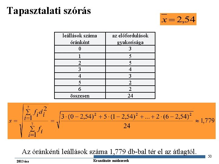 Tapasztalati szórás leállások száma óránként 0 1 2 3 4 5 6 összesen az