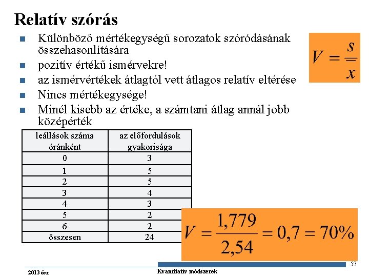 Relatív szórás n n n Különböző mértékegységű sorozatok szóródásának összehasonlítására pozitív értékű ismérvekre! az