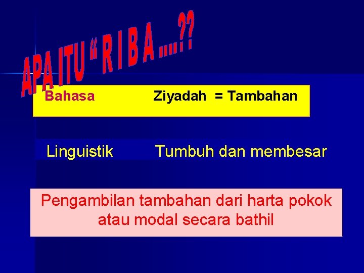 Bahasa Ziyadah = Tambahan Linguistik Tumbuh dan membesar Pengambilan tambahan dari harta pokok atau Bahasa Ziyadah = Tambahan Linguistik Tumbuh dan membesar Pengambilan tambahan dari harta pokok atau