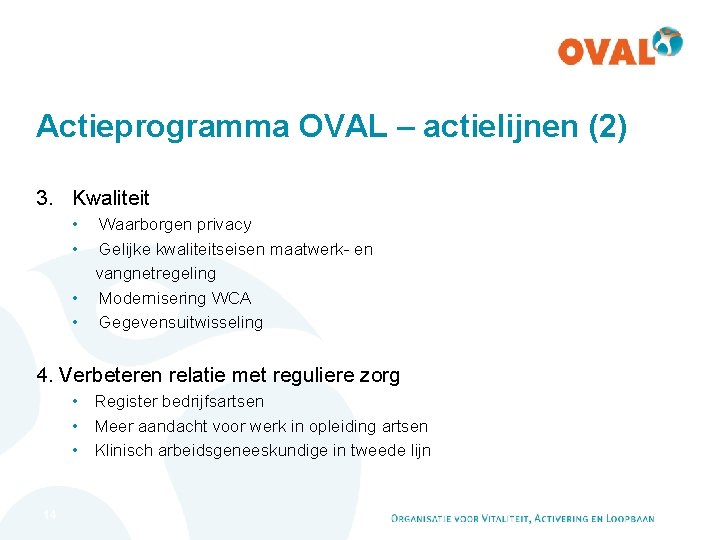 Actieprogramma OVAL – actielijnen (2) 3. Kwaliteit • Waarborgen privacy • Gelijke kwaliteitseisen maatwerk-