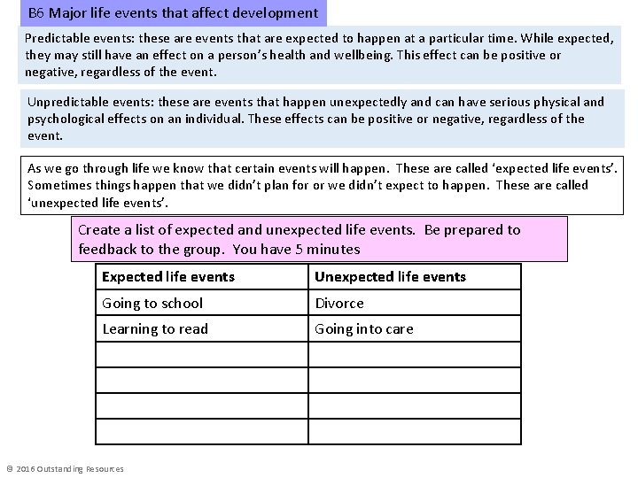 B 6 Major life events that affect development Predictable events: these are events that