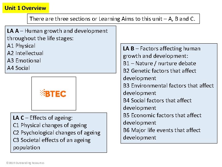 Unit 1 Overview There are three sections or Learning Aims to this unit –