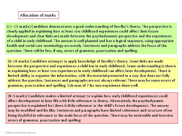 Allocation of marks (11– 15 marks) Candidate demonstrates a good understanding of Bowlby’s theory.